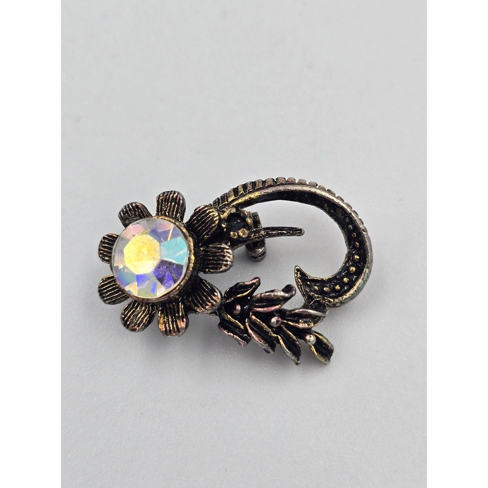 Vintage L. Billard Aurora Borealis Rhinestone Flower & Leaf Brooch Pin Antiqued